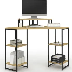 Bureau d'angle industriel avec rangements bois et métal noir