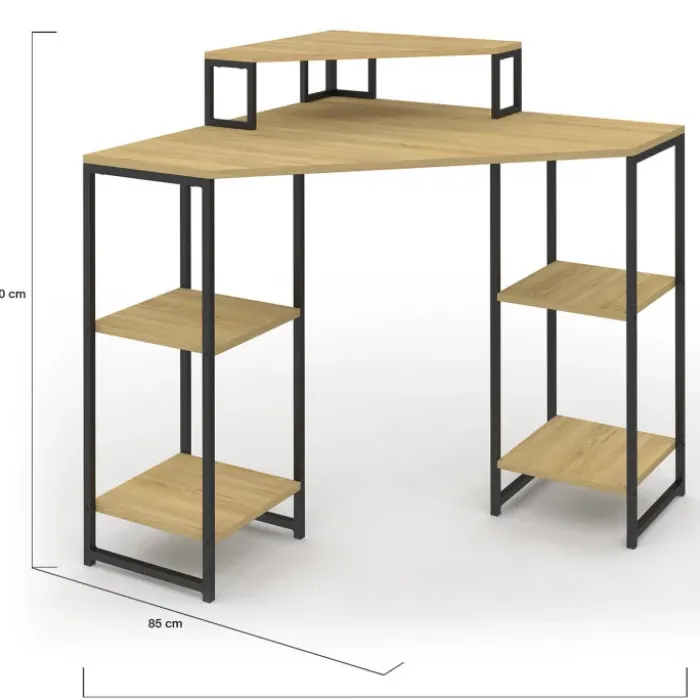 Bureau d'angle industriel avec rangements bois et métal noir