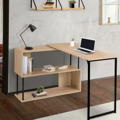 Bureau d’angle rotatif 180° industriel avec étagère forme S