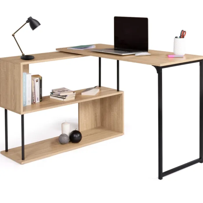 Bureau d’angle rotatif 180° industriel avec étagère forme S