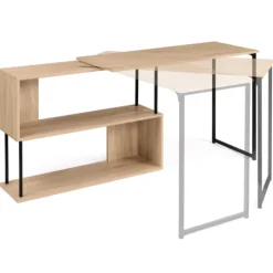 Bureau d’angle rotatif 180° industriel avec étagère forme S