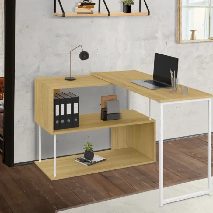 Bureau d'angle rotatif 180° métal blanc et bois