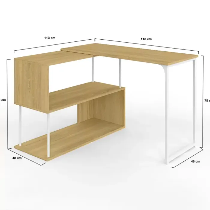 Bureau d'angle rotatif 180° métal blanc et bois