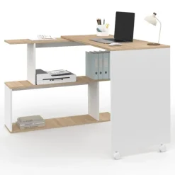 Bureau d'angle rotatif en bois hêtre et blanc