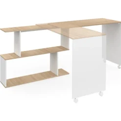 Bureau d'angle rotatif en bois hêtre et blanc
