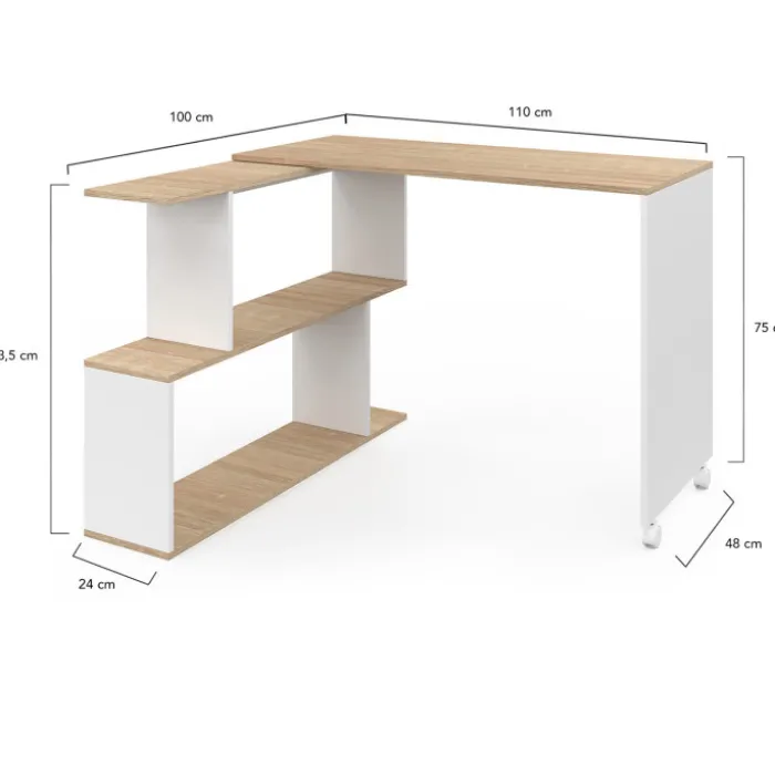 Bureau d'angle rotatif en bois hêtre et blanc