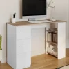 Bureau droit 3 tiroirs avec étagères de rangement blanc et bois