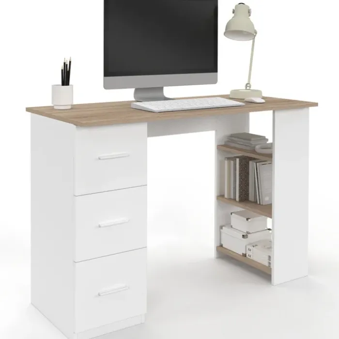 Bureau droit 3 tiroirs avec étagères de rangement blanc et bois