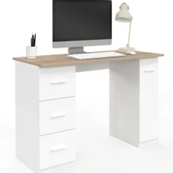 Bureau droit 3 tiroirs et porte placard blanc et bois