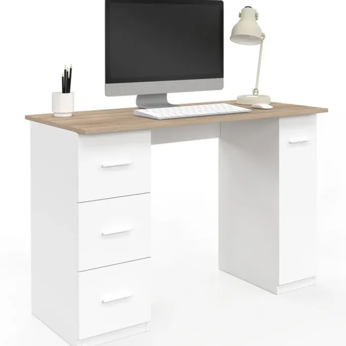 Bureau droit 3 tiroirs et porte placard blanc et bois