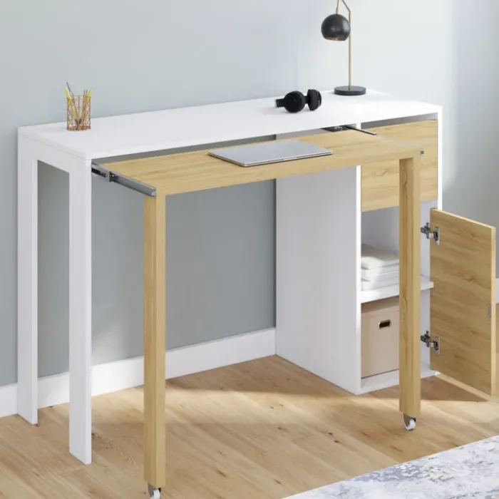Bureau extensible blanc et bois avec rangements