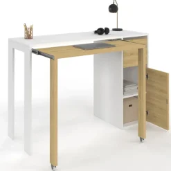 Bureau extensible blanc et bois avec rangements