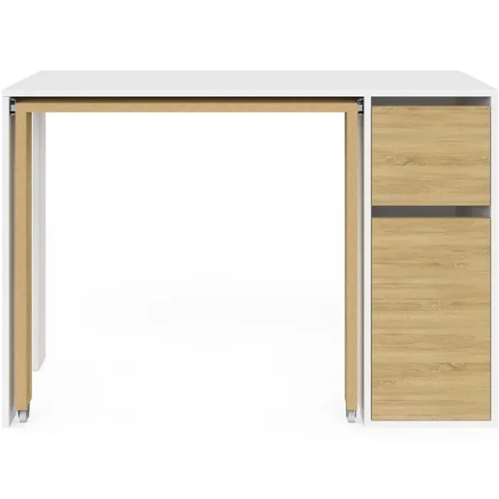 Bureau extensible blanc et bois avec rangements