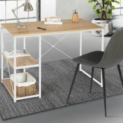 Bureau industriel droit avec plateaux bois et métal blanc