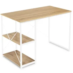 Bureau industriel droit avec plateaux bois et métal blanc