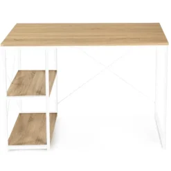 Bureau industriel droit avec plateaux bois et métal blanc