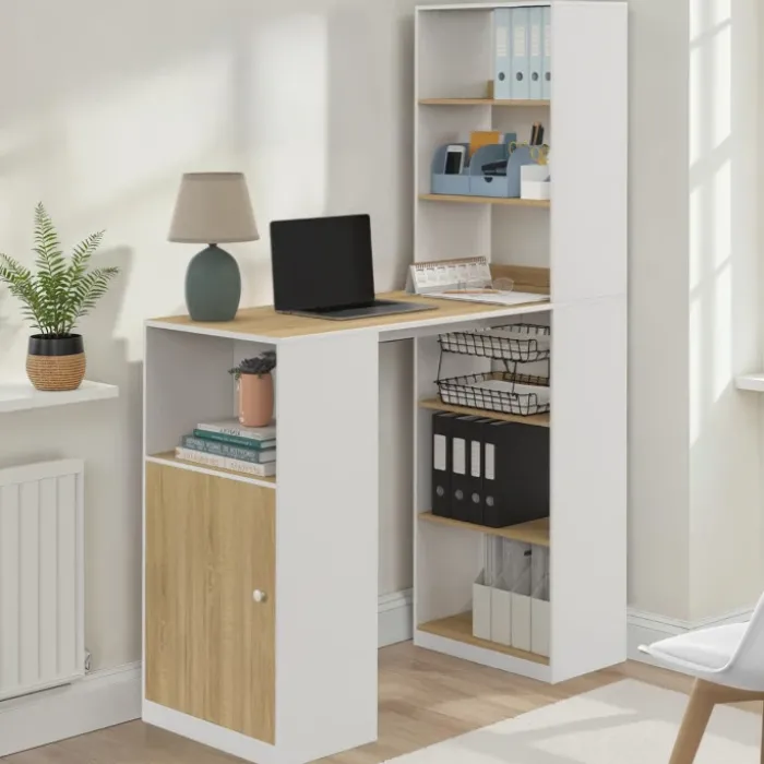 Bureau LUNG avec rangements blanc bois