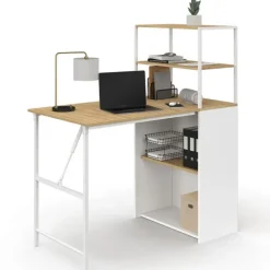 Bureau pliable avec étagères bois façon hêtre et blanc