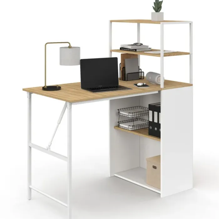 Bureau pliable avec étagères bois façon hêtre et blanc