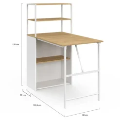 Bureau pliable avec étagères bois façon hêtre et blanc