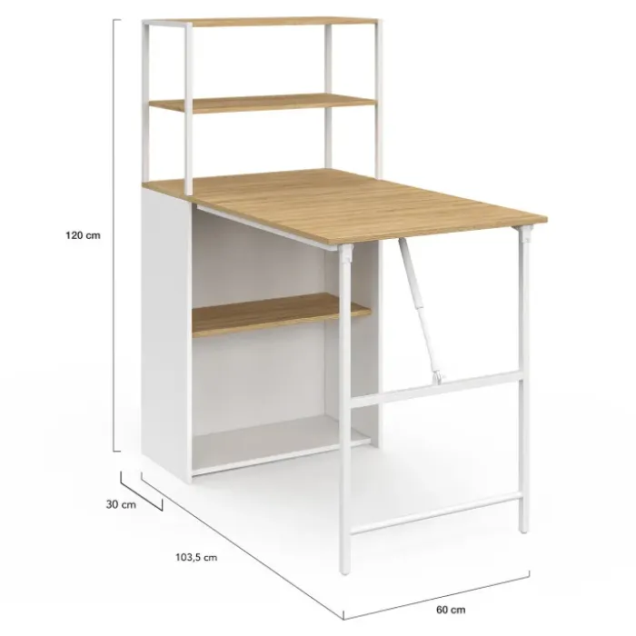 Bureau pliable avec étagères bois façon hêtre et blanc