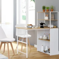 Bureau pliable avec étagères bois façon hêtre et blanc