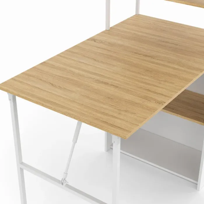 Bureau pliable avec étagères bois façon hêtre et blanc