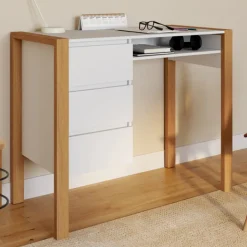 Bureau scandinave blanc et bois avec 3 tiroirs et niche