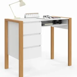 Bureau scandinave blanc et bois avec 3 tiroirs et niche