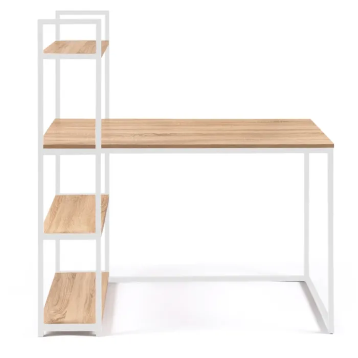Bureau style industriel en métal blanc et bois avec étagères