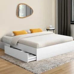 Cadre de lit double 140x190 blanc avec 4 tiroirs et sommier