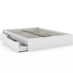 Cadre de lit double 140x190 blanc avec 4 tiroirs et sommier