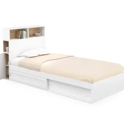 Cadre de lit simple blanc et hêtre 90x190 cm avec tête de lit et rangement