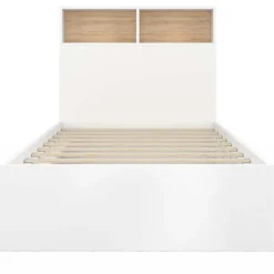 Cadre de lit simple blanc et hêtre 90x190 cm avec tête de lit et rangement