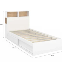 Cadre de lit simple blanc et hêtre 90x190 cm avec tête de lit et rangement