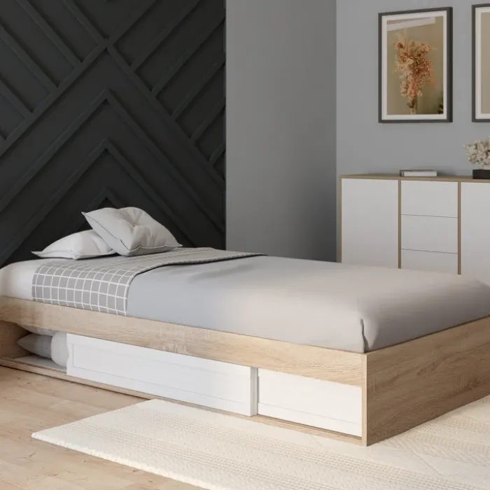 Cadre de lit simple 90x190 cm bois façon hêtre et blanc avec rangement et sommier 10 lattes