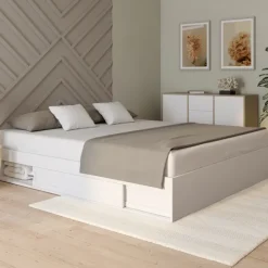 Cadre de lit 180x200 cm avec sommier et rangement blanc