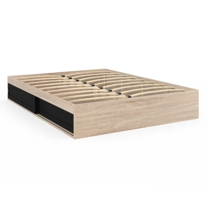 Cadre de lit 140x190 cm avec sommier et rangements noir et bois