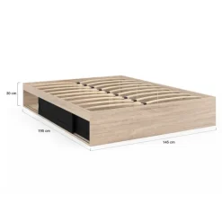 Cadre de lit 140x190 cm avec sommier et rangements noir et bois