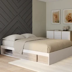 Cadre de lit 140x190 cm avec sommier et rangements blanc et bois façon hêtre