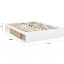 Cadre de lit 140x190 cm avec sommier et rangements blanc et bois façon hêtre