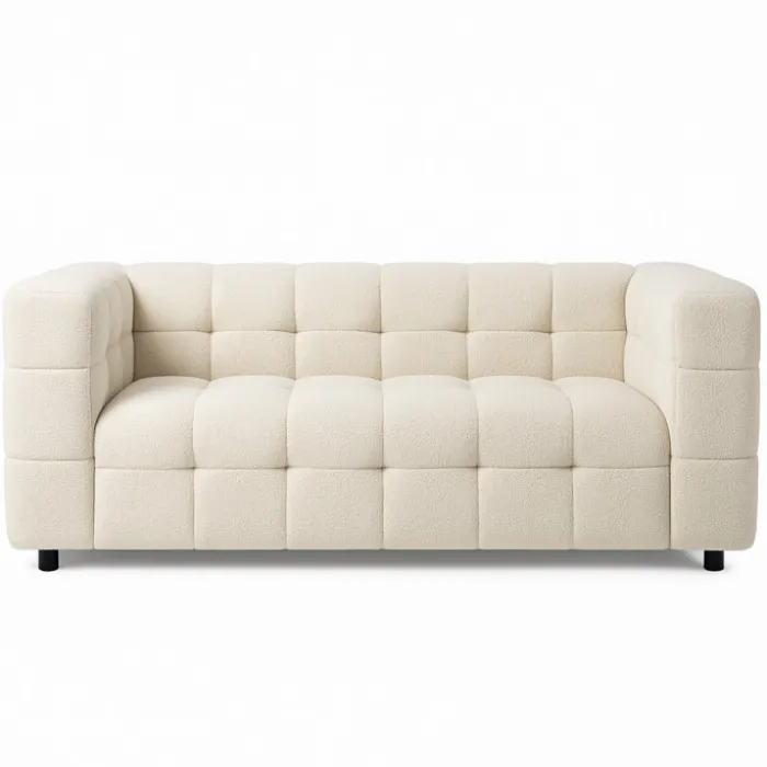 Canapé double capitonné en tissu bouclette beige