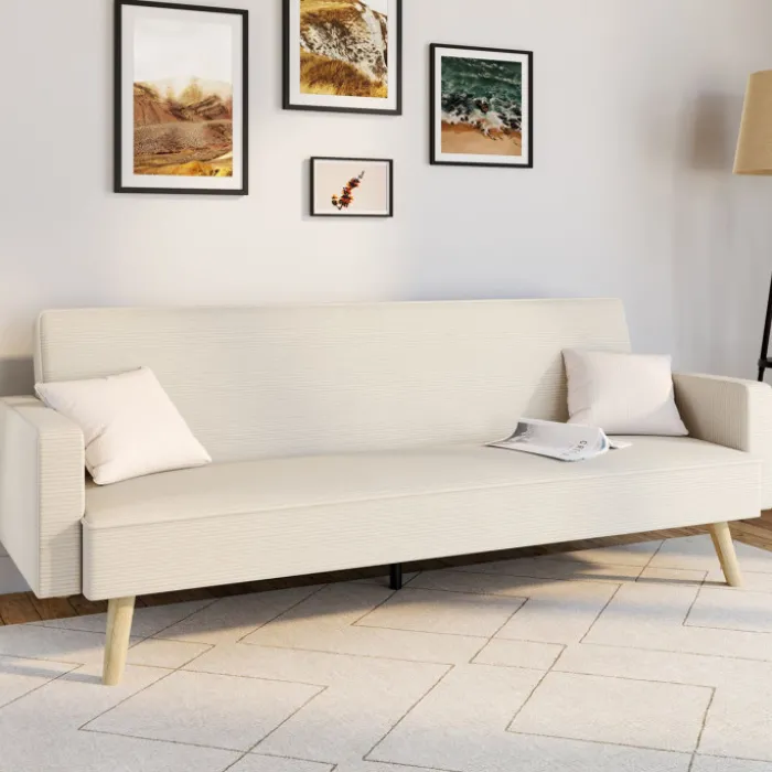 Canapé droit scandinave 3 places convertible velours côtelé beige