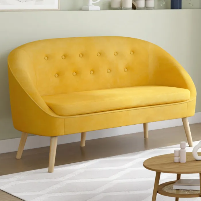 Canapé velours jaune rétro chic pieds en bois