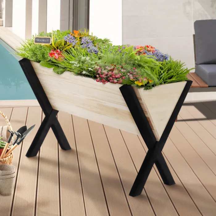 Carré potager jardinière sur pieds bois et noir balcon / terrasse
