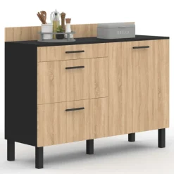 Casserolier bois noir et façon hêtre 120 cm plan de travail H.83 cm 1 porte + 3 tiroirs