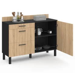 Casserolier bois noir et façon hêtre 120 cm plan de travail H.83 cm 1 porte + 3 tiroirs