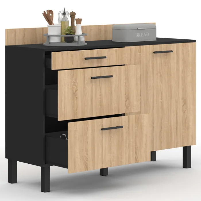 Casserolier bois noir et façon hêtre 120 cm plan de travail H.83 cm 1 porte + 3 tiroirs