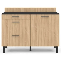 Casserolier bois noir et façon hêtre 120 cm plan de travail H.83 cm 1 porte + 3 tiroirs