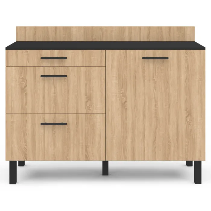 Casserolier bois noir et façon hêtre 120 cm plan de travail H.83 cm 1 porte + 3 tiroirs